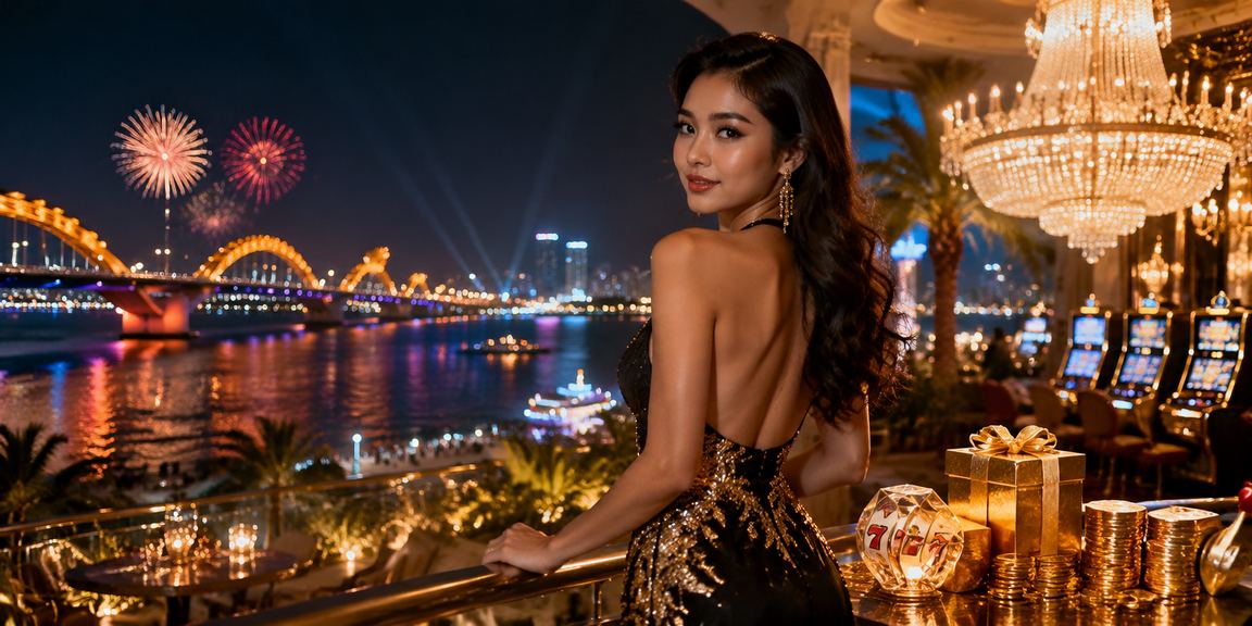Người chơi slot game cao cấp tại bãi biển Đà Nẵng với giao diện điện thoại nổi bật